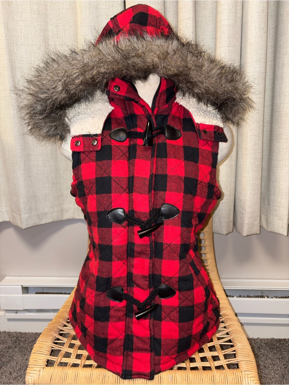 Mossimo Supply Co. Red and Black Plaid Hooded Vest with Faux Fur Trim
